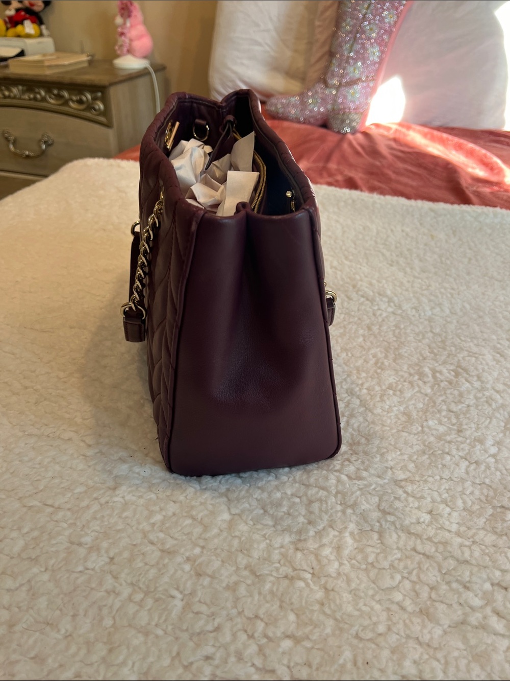 kate spade Quilted Burgundy Leather with Gold Chain Handles and longer strap. - Picture 5 of 13